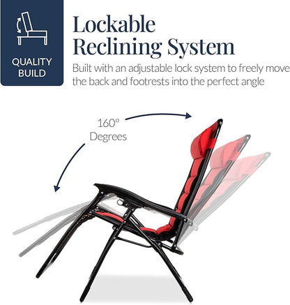 Best Choice Products Oversized Padded Zero Gravity Chair, Folding Outdoor Patio Recliner, XL Anti Gravity Lounger for Backyard w/Headrest, Cup Holder, Side Tray, Polyester Mesh - Red