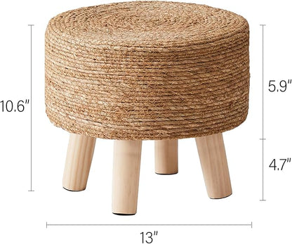 Cpintltr Foot Stool Natural Seagrass Hand Weave Poufs Round Ottoman for Couch Desk Soft Step Stool Padded Foot Rest with Non-Skid Pine Legs for Hallway Office Lounge Natural