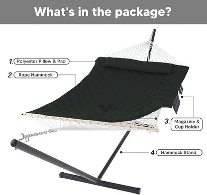SUNCREAT Patio Portable Hammock with Stand, Outdoor Double Hammock with Stand Included, Gray Green Drops