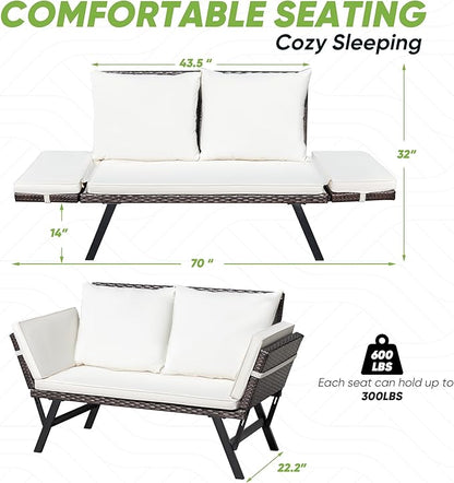 Greesum Outdoor Sofa, Woven Rattan Patio Furniture, Convertible Daybed or Double Chair with Adjustable Armrests, Cushions and Pillows for Yard, Porch, Pool, Brown Lounger & Beige Pillowcase