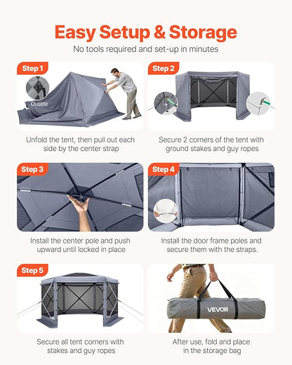 VEVOR Pop up Gazebo Screen Tent, 12 x 12 ft Large 6-Sided Camping Canopy Tent with Removable Top & Carry Bag, Quick-Set & Bite-Proof, Screen House Sun Shelter for 8-10 Persons Backyard Patio, Grey