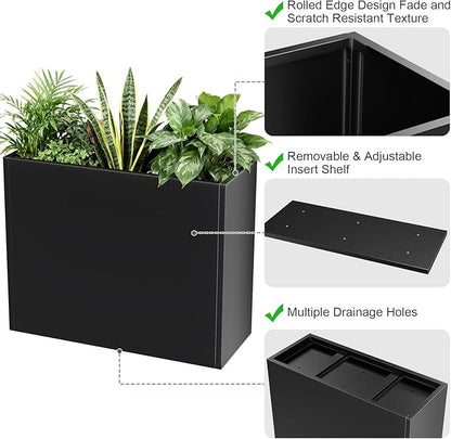 Metal Large Planter Box 38" L x 13" W x 30" H, Heavy Duty Tall Rectangle Outdoor Planter Box with Removable Insert Shelves for Porch, Garden, Patio, Yard (Black)
