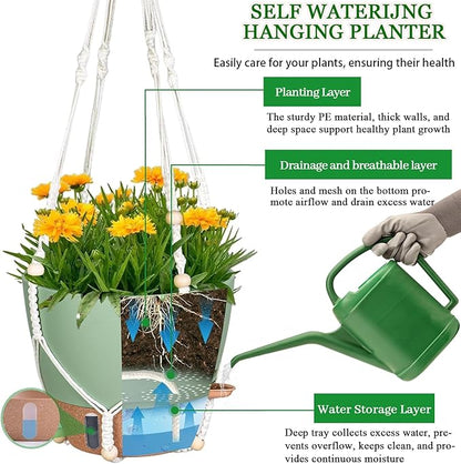 10 Inch Hanging Planters for Indoor Plants, 2 Pack Self Watering Hanging Baskets Flower Pots with Drainage Hole, Visual Reservoir & 2 Kinds of Plant Hanger for Home Decor