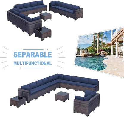Kullavik 14 Pieces Outdoor Patio Furniture Set PE Wicker Rattan Sectional Sofa Patio Conversation Sets,Navy Blue