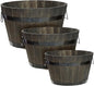 Idzo Set of 3 Wooden Flower Planters for Outdoor Plants, Acacia Wood Barrel Planters, Ergonomic Handles, Drainage Holes, Various Sizes, Black