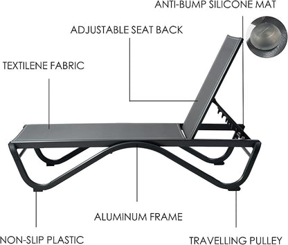 Kozyard Outdoor Chaise Lounge Chair, Full Flat Adjustable Patio Lounger with Aluminum Frame & Resin Legs, Textilene Fabric for Poolside, Backyard & Beach (Gray, 2Chairs)