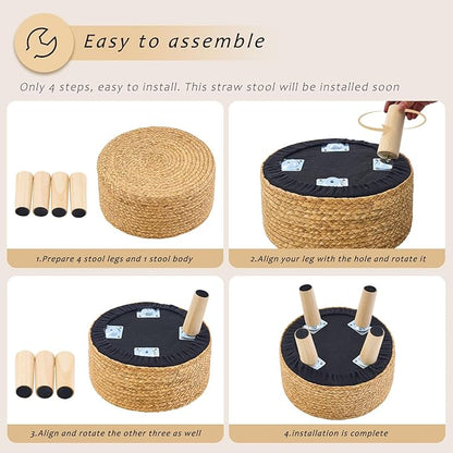 Handwoven Round Ottoman, Natural Water Hyacinth Outdoor Patio Pouf Seagrass Low Stool with Wood Legs, Soft Padded Footrest for Living Room Bedroom Garden, Natural