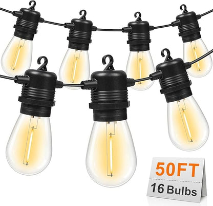 50FT LED Outdoor String Lights with 16 Shatterproof Waterproof S14 Replaceable Bulbs(1 Spare), 2700K Commercial Grade Patio Lights, Outside Hanging Light for Yard Garden Porch Deck Decor