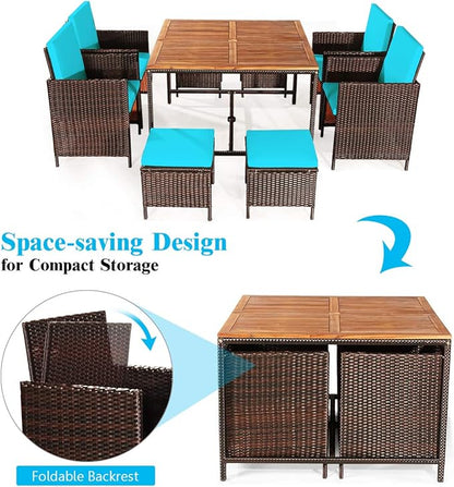 Tangkula 9 Pieces Acacia Wood Patio Dining Set, Space Saving Wicker Chairs and Wood Table with Umbrella Hole Outdoor Furniture Set, Suitable for Garden, Yard, Poolside, Outdoor Seating Set