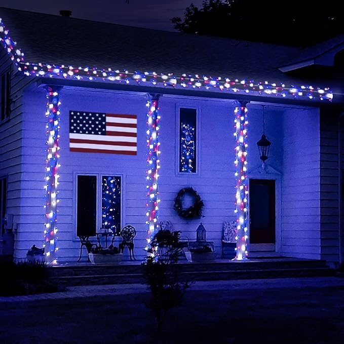 String Lights, 168 ft Red White and Blue, 600 LEDs, Outdoor Reel