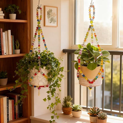 2 Pack Macrame Plant Hangers with 2 Hooks, 17.9inch/16.7inch Handmade Glass Bead Hanging Planter for Indoor Outdoor Bohemian Home Garden Decor