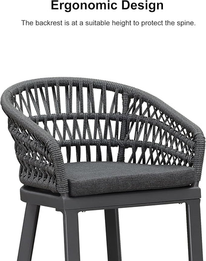 PURPLE LEAF Outdoor Rattan 29" Bar Stools Set of 2, Modern Boho Aluminum Patio Bar Height Chair with Cushion and Back for Outdoor and Indoor, Grey