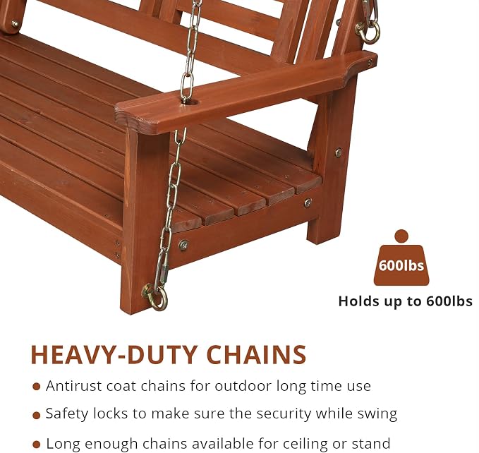 Porch Swing, 44-Inch Acacia Wood Bench with Reclined Backrest, 600 lb Capacity