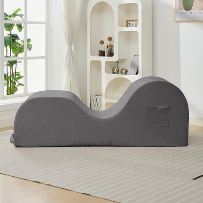 ijuicy Chaise Lounge Chair for Exercise, Indoor Lounger with Headrest, Waist Cushion, Movable Footrest, Side Pockets, Non-Slip Bottom - Yoga Chair with High Density Sponge, Light Grey
