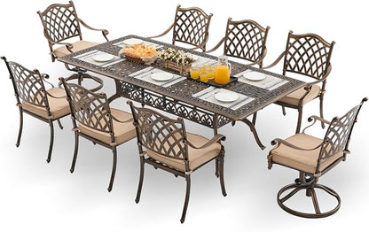 9-Piece Cast Aluminum Patio Furniture, Outdoor Dining Sets for 8 Include 87" Rectangular Patio Dining Table, 6 Stackable Chairs & 2 Swivel Chairs with Cushions & Umbrella Hole(Bronze)