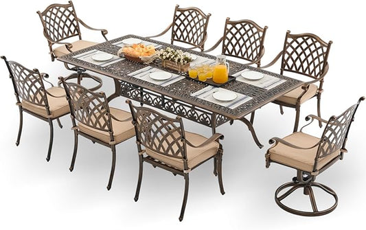 9-Piece Cast Aluminum Patio Furniture, Outdoor Dining Sets for 8 Include 87" Rectangular Patio Dining Table, 6 Stackable Chairs & 2 Swivel Chairs with Cushions & Umbrella Hole(Bronze)