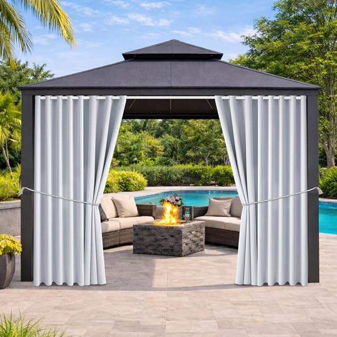 Water Proof Outside Curtains with Grommet Top for Porch, W105 x L95 Thermal Insulated Washable Light Block Outdoor Divider Drapes for Patio Gazebo Deck Pool Area Pergola Cabana (2 Panels)
