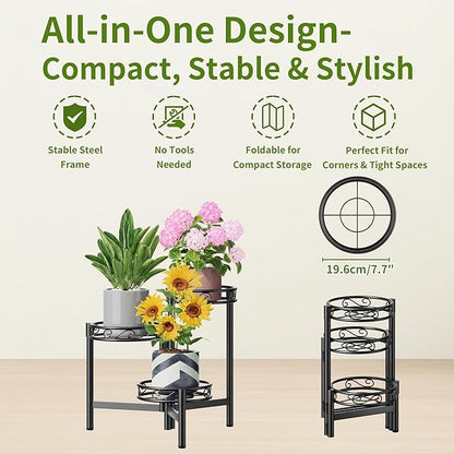 3-Tier Plant Stand Outdoor,Metal Plant Stand for Multiple Plants, Folding Tall Plant Rack Display Shelf for Corner Living Room Porch Patio Garden Office - BalckCircle