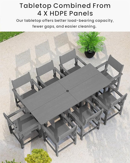 9-Piece Outdoor Dining Set, HDPE Weatherproof Patio Table and Chairs Set for 8, Outdoor Patio Furniture Sets with Umbrella Hole for Outside, Deck, Backyard, Garden (Grey)