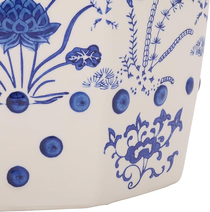 Decorative Garden Stool with Blue Ceramic Seat and Stone Frame