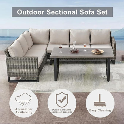 Patio Sectional Furniture Set with Fire Pit Table: 10 Pieces Wicker Patio Conversation Set with L Shaped Sofa, Outdoor Swivel Glider Rocker, Rattan Club Chairs, Ottomans, Removable Cushions Beige