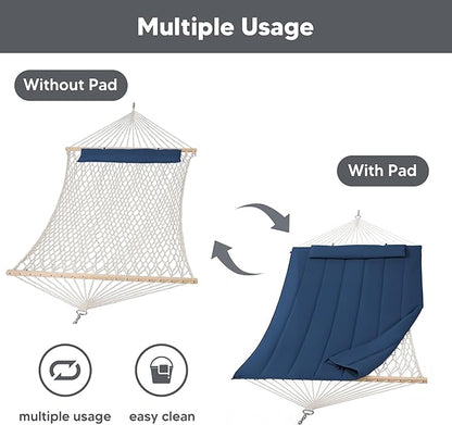 SUNCREAT Hammocks Outdoor Double Hammock with Hardwood Spreader Bar, Heavy Duty Cotton Rope Hammock with Polyester Pad, Dark Blue