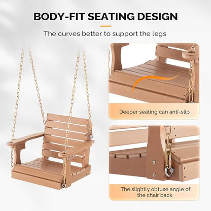 VINGLI Heavy Duty 880 LBS HDPE Porch Swing Outdoor with Rotatable Cup Holder, with Adjustable Chains, 1 Person Hanging Porch Swing Chair for Porch, Yard, Tree, Garden - Teak