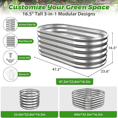 17" Tall Outdoor Garden Raised Garden Bed Kits, 4ft X 2ft Oval,0.8MM Thick Metal Raised Planter Bed/Ground Planter Box for Variety of Flowers,Herbs,Vegetables (Silver, 48X24X16.5 Inches)