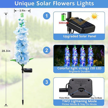 Solar Garden Lights, Solar Blue Delphinium Flowers Lights 4 Pack 80 LEDs, Waterproof Outdoor Light Two Lighting Modes for Outside Wedding Party Garden Yard Patio Lawn Decor
