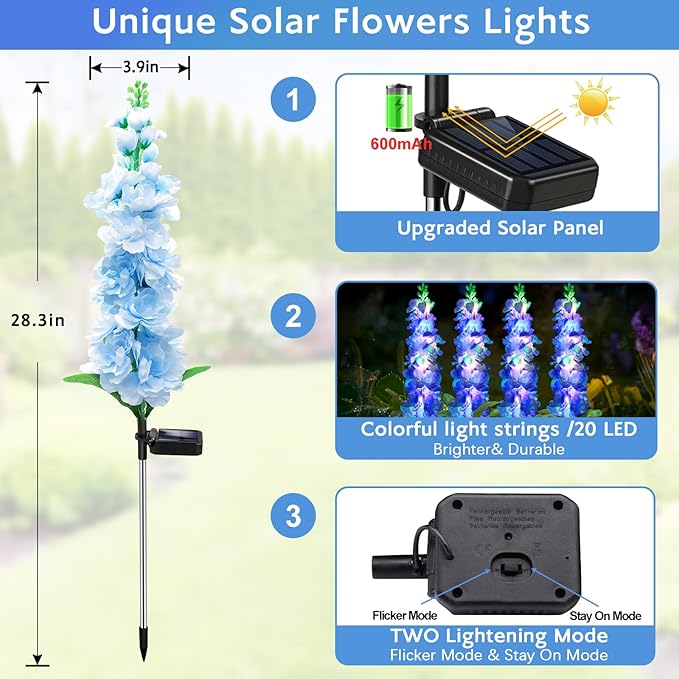 Solar Garden Lights, Solar Blue Delphinium Flowers Lights 8 Pack 160 LEDs, Waterproof Outdoor Light Two Lighting Modes for Outside Wedding Party Garden Yard Patio Lawn Decor