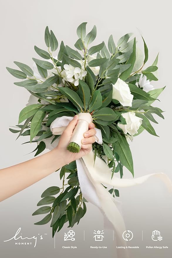 Artificial Bridal Bouquet, Ivory Cascading Silk Flowers with Pearls, 15 in