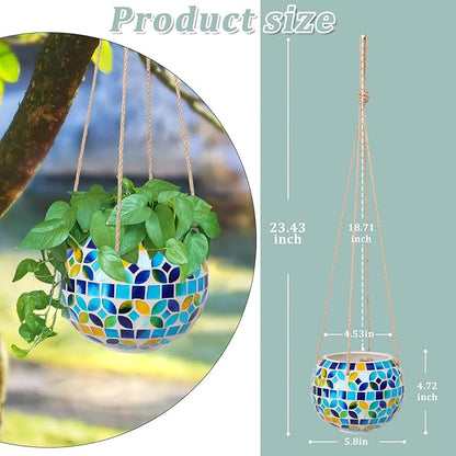 Ceramic Hanging Planter Mosaic Hanging Flower Pot Small Plant Pot for Indoor Plant Disco Ball Planter with Drainage Square Blue