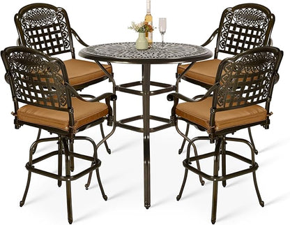 VIVIJASON 5-Piece Patio Swivel Bar Stools Set, All Weather Outdoor Cast Aluminum Bar Height Bistro Set with 4 Cushioned Bar Chairs & 35.4" High Bar Table w/Umbrella Hole for Backyard, Lawn, Garden