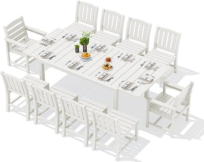 SERWALL 11-Piece Outdoor Dining Set, 60" - 83" Expandable Outdoor Dining Table and 10 HDPE Chairs, All Weather HDPE Outdoor Furniture Set for Backyard, Garden, White