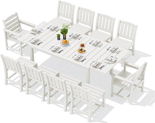 SERWALL 11-Piece Outdoor Dining Set, 60" - 83" Expandable Outdoor Dining Table and 10 HDPE Chairs, All Weather HDPE Outdoor Furniture Set for Backyard, Garden, White