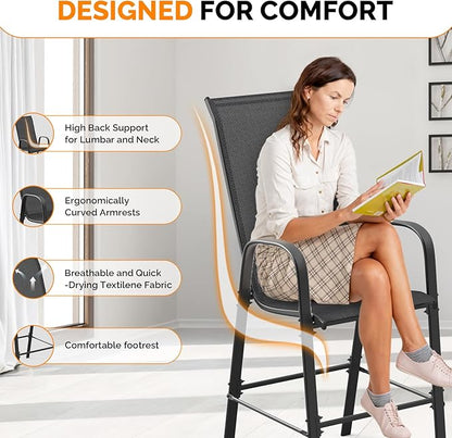VINGLI Outdoor Bar Chairs Set of 6 – Stackable Outdoor Bar Stools with Sturdy Sling High Back and Armrests for Lawn, Courtyard, Garden, Bar, Black