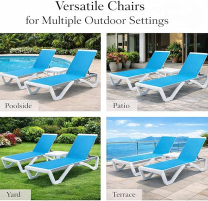 Kozyard Outdoor Chaise Lounge Chair, Full Flat Adjustable Patio Lounger with Aluminum Frame & Resin Legs, Textilene Fabric for Poolside, Backyard & Beach (Aqua/WhiteFrame, Chair + Table)