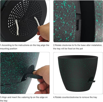 12 Inch Large Self Watering Pots, Flower Pots with Multi-Mesh Drainage Holes and Saucer, Planters for Indoor and Outdoor Garden Plants (Black with Green Speckles)