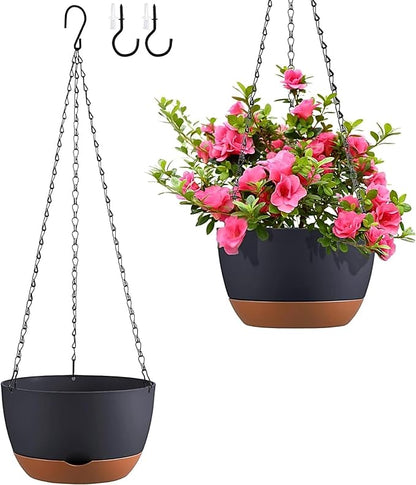 Hanging Planters for Indoor Plants, Set of 2 8/10 Inch Self-Watering Hanging Pots with Drainage Hole & Removable Water-Storage Tray II Screw-in Hooks