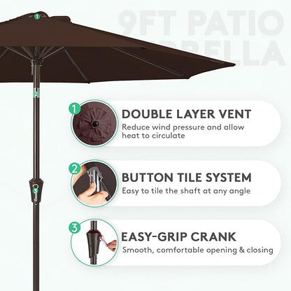 JEAREY 9FT Outdoor Patio Umbrella Outdoor Table Umbrella with Push Button Tilt and Crank, Market Umbrella 8 Sturdy Ribs UV Protection Waterproof for Garden, Deck, Backyard, Pool (Brown)