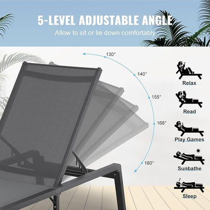 VEVOR 2 Pcs Chaise Lounge Chairs Outdoor, Aluminum Patio Lounge Chair with Adjustable 5-Position, Folding Pool Chairs Recliner and Full Flat Tanning Chair for Patio, Beach, Pool, Gray, 2 pcs
