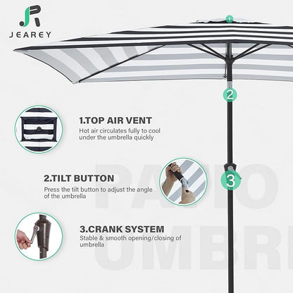 JEAREY 6.5x10 ft Rectangular Patio Umbrellas Rectangle Outdoor Umbrella with Push Button Tilt and Crank, Market Table Umbrella 6 Sturdy Ribs UV Protection for Poolside Garden Backyard Deck, Black-White Stripe