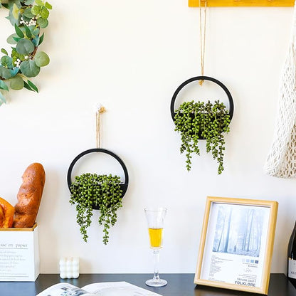 Floweroyal 2pcs Artificial Succulents Hanging Plants 12.2'' Fake String of Pearls in Pot with 8.3'' Lanyard for Indoor Outdoor Wall Decor (Black).