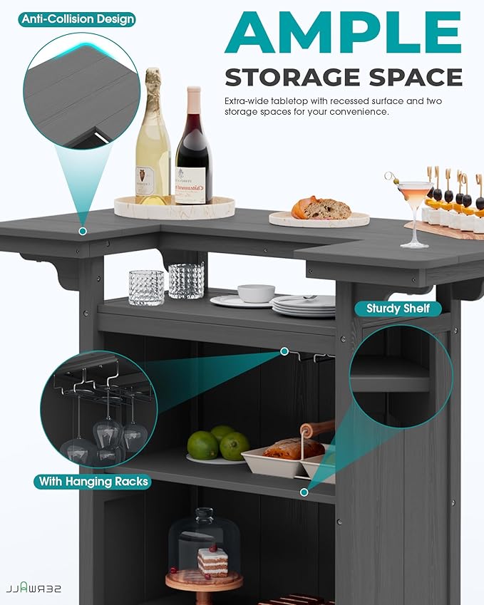SERWALL Outdoor Bar Table,Patio Bar Cabinet with 4-Tier Storage and Spacious Tabletop for Outside,Poolside, Backyard,Made of HDPE,Gray