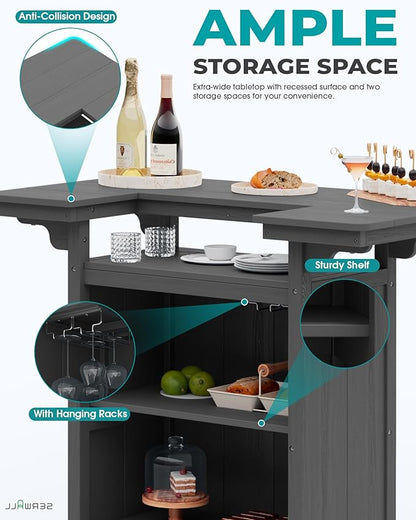 SERWALL Outdoor Bar Table Set (1 Table with 2 Chairs) – HDPE Grey Patio Bar Cabinet with 4-Tier Storage & Spacious Tabletop, Perfect for Outdoor, Poolside, Backyard
