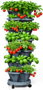 Strawberry Planters, 7 Tiered Vertical Stackable Planter, Herb Stacking Tower Garden, Flower and Vegetable Planters with Support Pole Indoor & Outdoor with Removable Wheels - Dark Grey