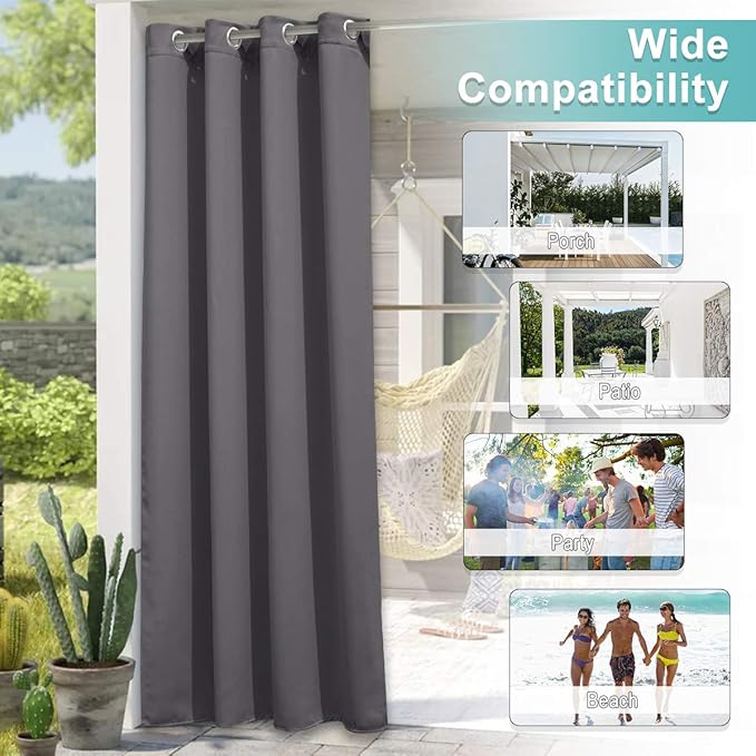 NICETOWN 108" L Outdoor Curtain for Patio Waterproof, Thermal Insulated Stainless Steel Grommet Blackout Outdoor/Indoor Curtain Privacy Protect for Landscape, 1 Panel, 52" Wide, Grey