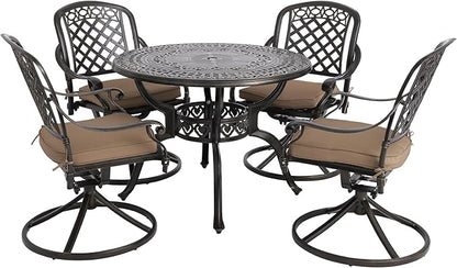 5-Piece Cast Aluminum Outdoor Patio Dining Set, All Weather Cast Aluminum Outdoor Furniture Dining Set for Patio, Balcony, Garden, Backyard w/4 Swivel Chairs & Cushions, 2.0" Umbrella Hole