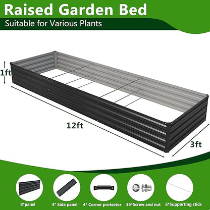 2PCS 12x3x1ft Galvanized Raised Garden Bed Kit, Galvanized Planter Raised Garden Boxes Outdoor, Large Metal Raised Garden Beds for Vegetables,Black