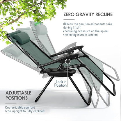 Nestl Zero Gravity Chairs Set of 2, Patio Lounge Chair Outdoor with Pillows & Cup Holder Trays, Adjustable Steel Mesh Reclining Camping Chair, Folding Patio Lawn Chair for Deck, Beach - Forest Green